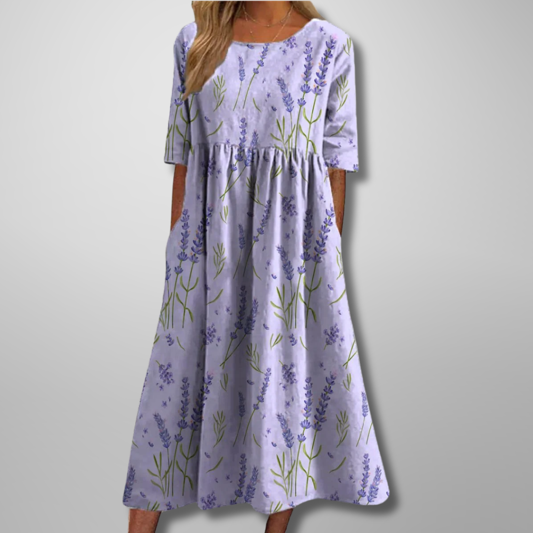 Ladies Vintage Floral A-Line Maxi Dress with Cap Sleeves