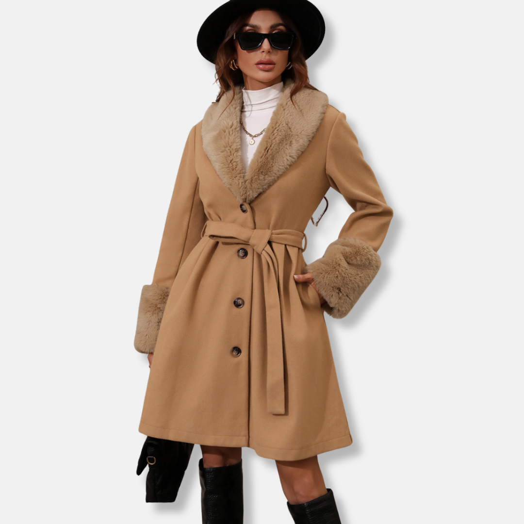 Classic Ladies Wool Trench Coat with Fur Trim