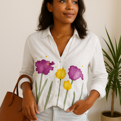 Ladies' Casual Floral V-Neck Long Sleeve Top - Olytrend
