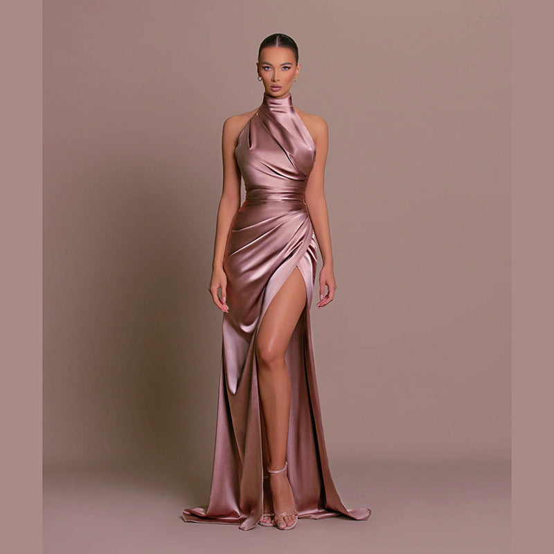 Luxury Satin Floor Length Halter Dress - Nocini