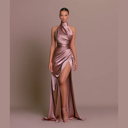 Luxury Satin Floor Length Halter Dress - Nocini