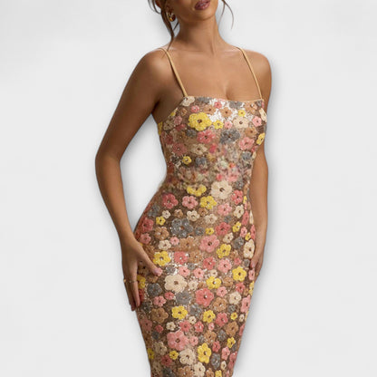 Vibrant Floral Sequin Evening Maxi Dress