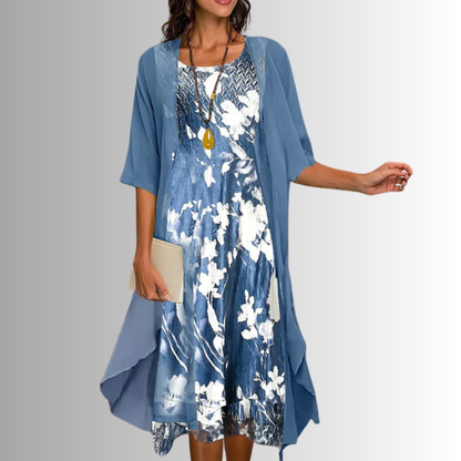 Casual Two Piece Midi Dress with Printed Top