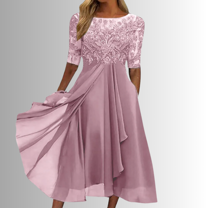 Feminine Lace Trim Fit and Flare Midi Dress