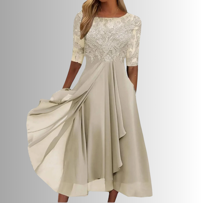 Feminine Lace Trim Fit and Flare Midi Dress