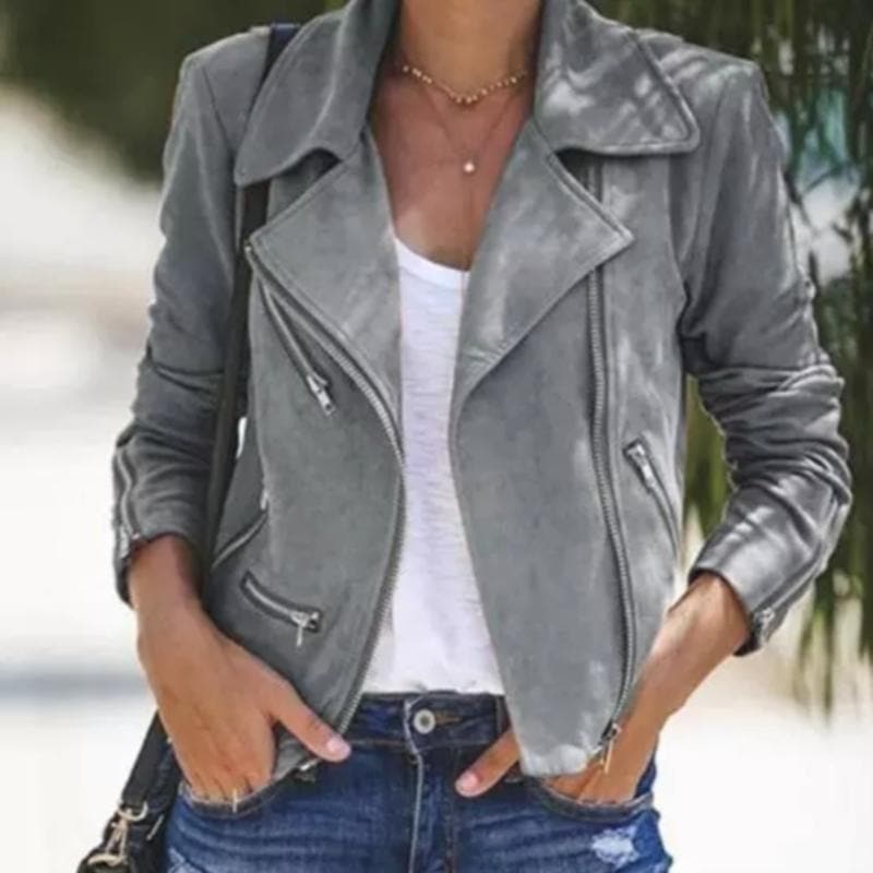 Faux Suede Biker Jacket for Women - Asymmetrical Zip