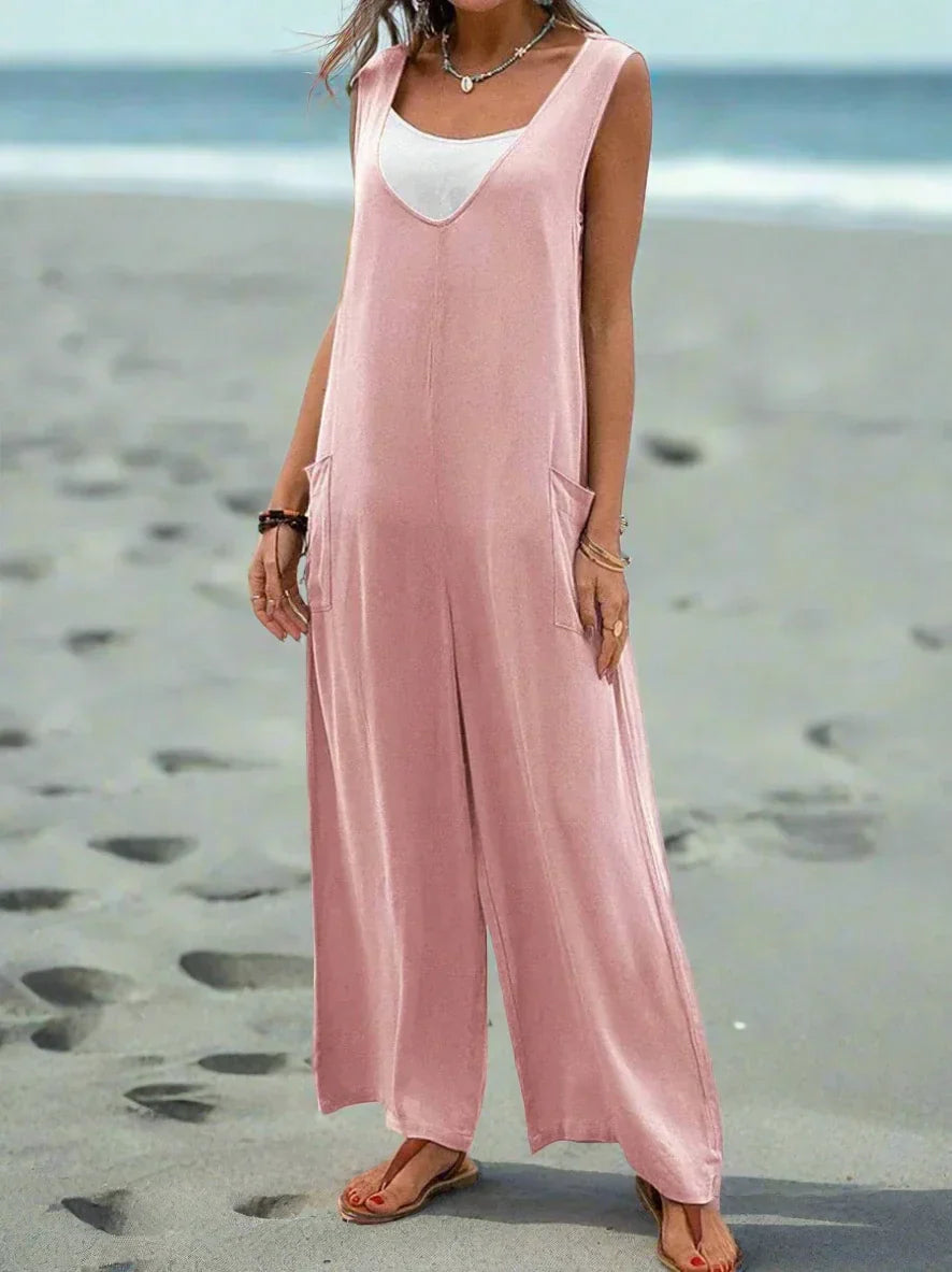 Relaxed Fit Women's Sleeveless V Neck Jumpsuit