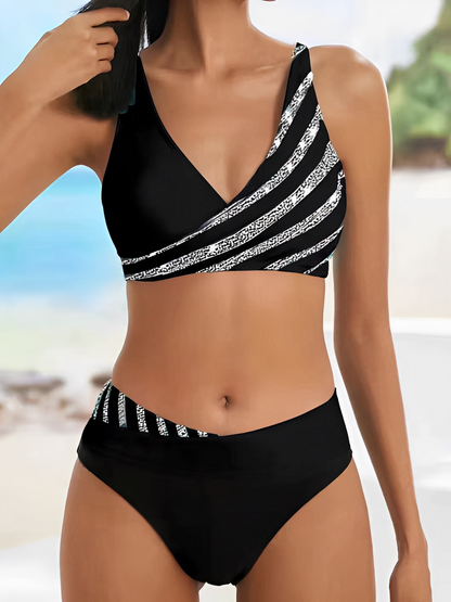 Women's Striped Swimsuit One Shoulder Bikini Set