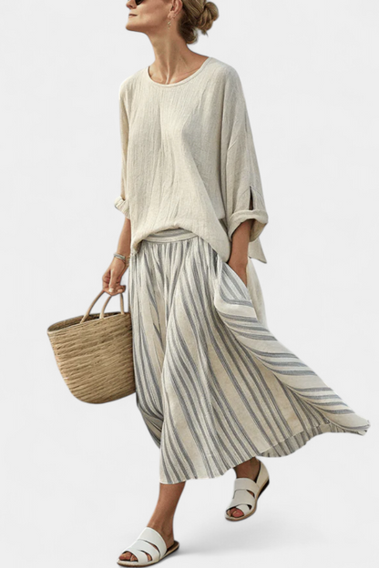Relaxed Fit Blouse and Classic Striped Midi Skirt - Olytrend