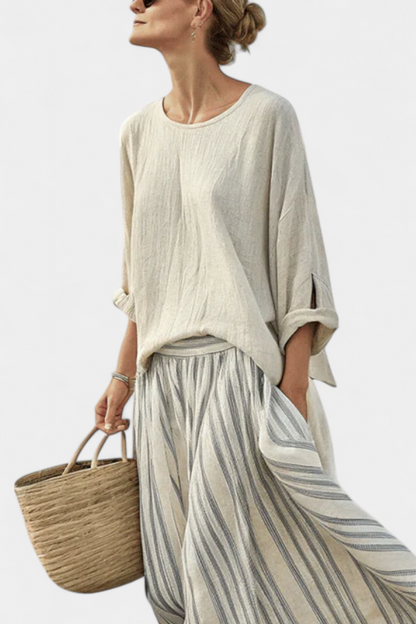 Relaxed Fit Blouse and Classic Striped Midi Skirt