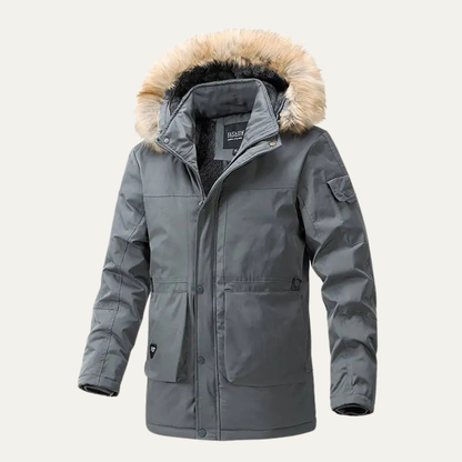 Warm Men's Quilted Hooded Fur Trim Jacket