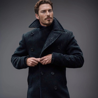 Classic Double Breasted Mens Black Wool Coat