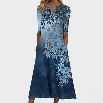 Ladies Casual Floral Midi Dress Half Sleeve Button Front