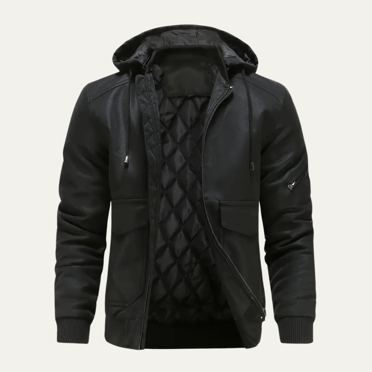 Premium Mens Black Leather Padded Jacket with Hood