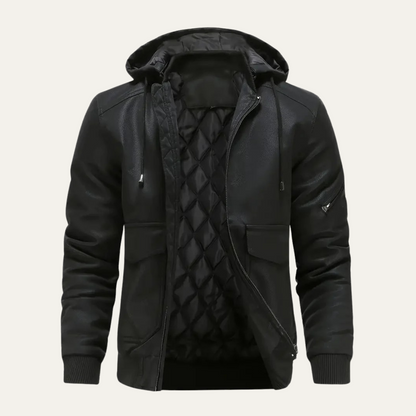 Premium Mens Black Leather Padded Jacket with Hood