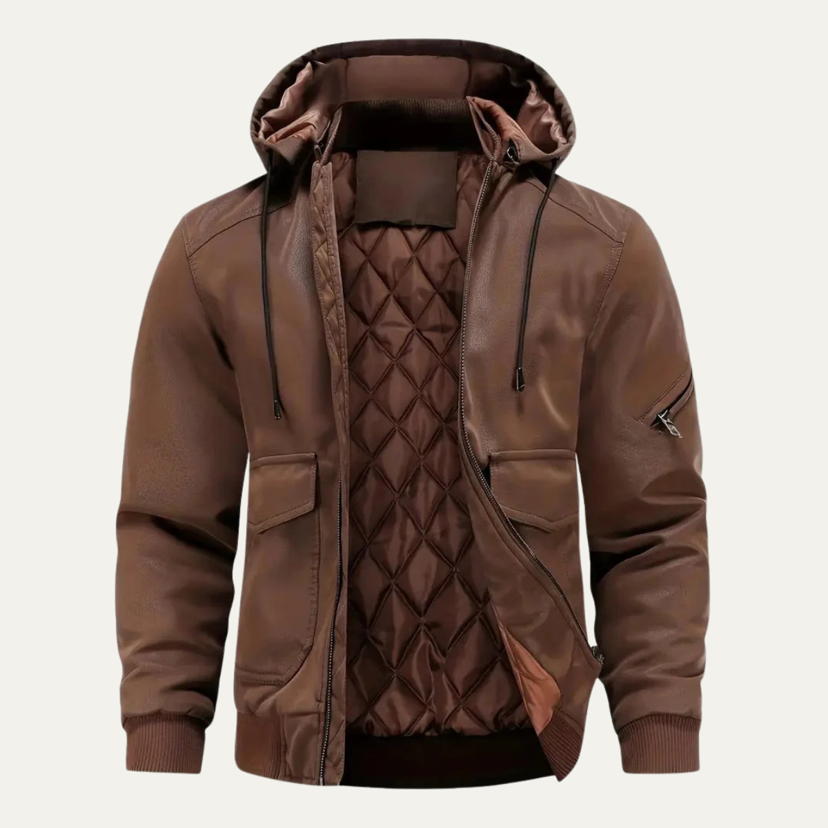Premium Mens Black Leather Padded Jacket with Hood - Nocini