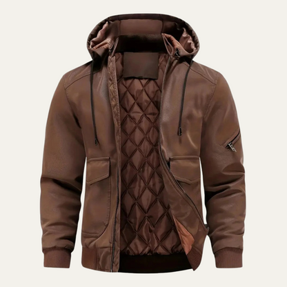 Premium Mens Black Leather Padded Jacket with Hood - Nocini
