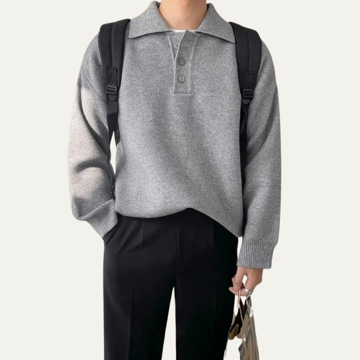 Classic Fit Mens Grey Crew Neck Polo Sweater
