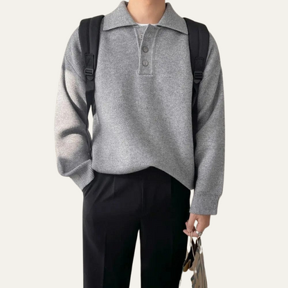 Classic Fit Mens Grey Crew Neck Polo Sweater