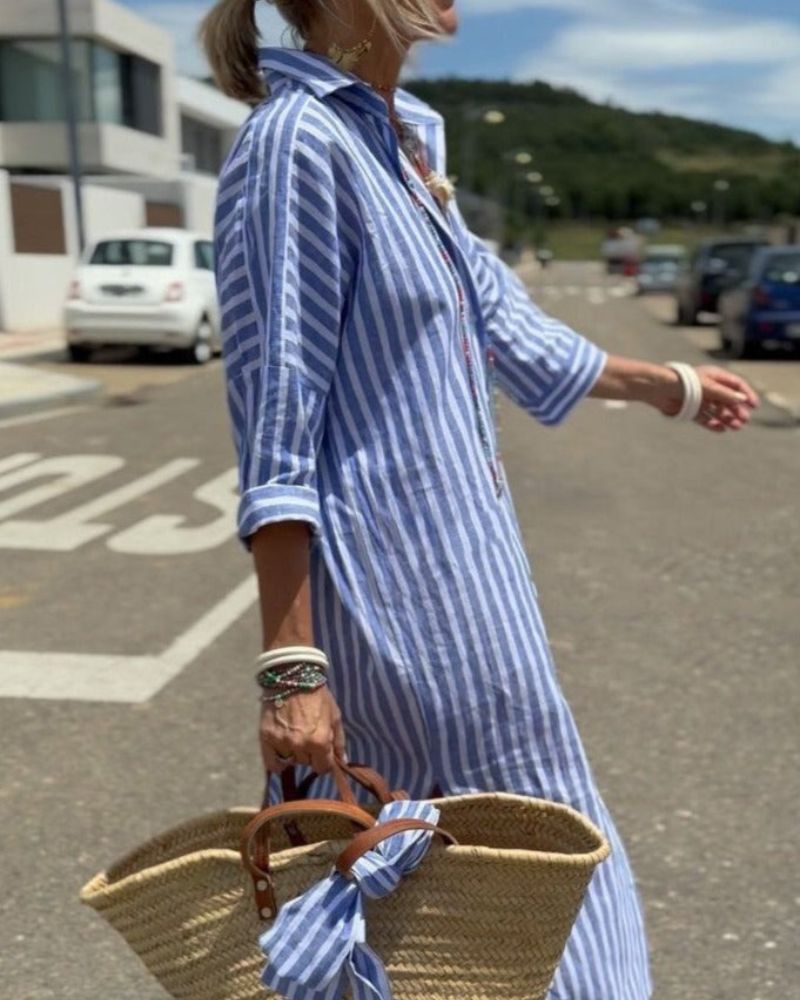 Classic Fit Striped Midi Dress with Collar and Sleeves
