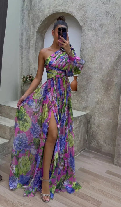 Elegant Maxi Dress with Flowy Long Sleeves - Olytrend