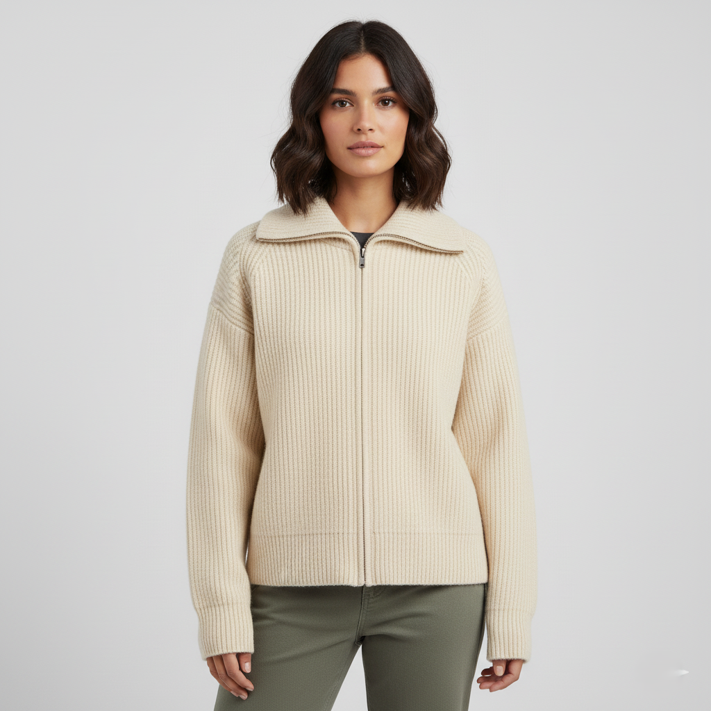 Women's Fit Cardigan Ribbed Zip Up Sweater