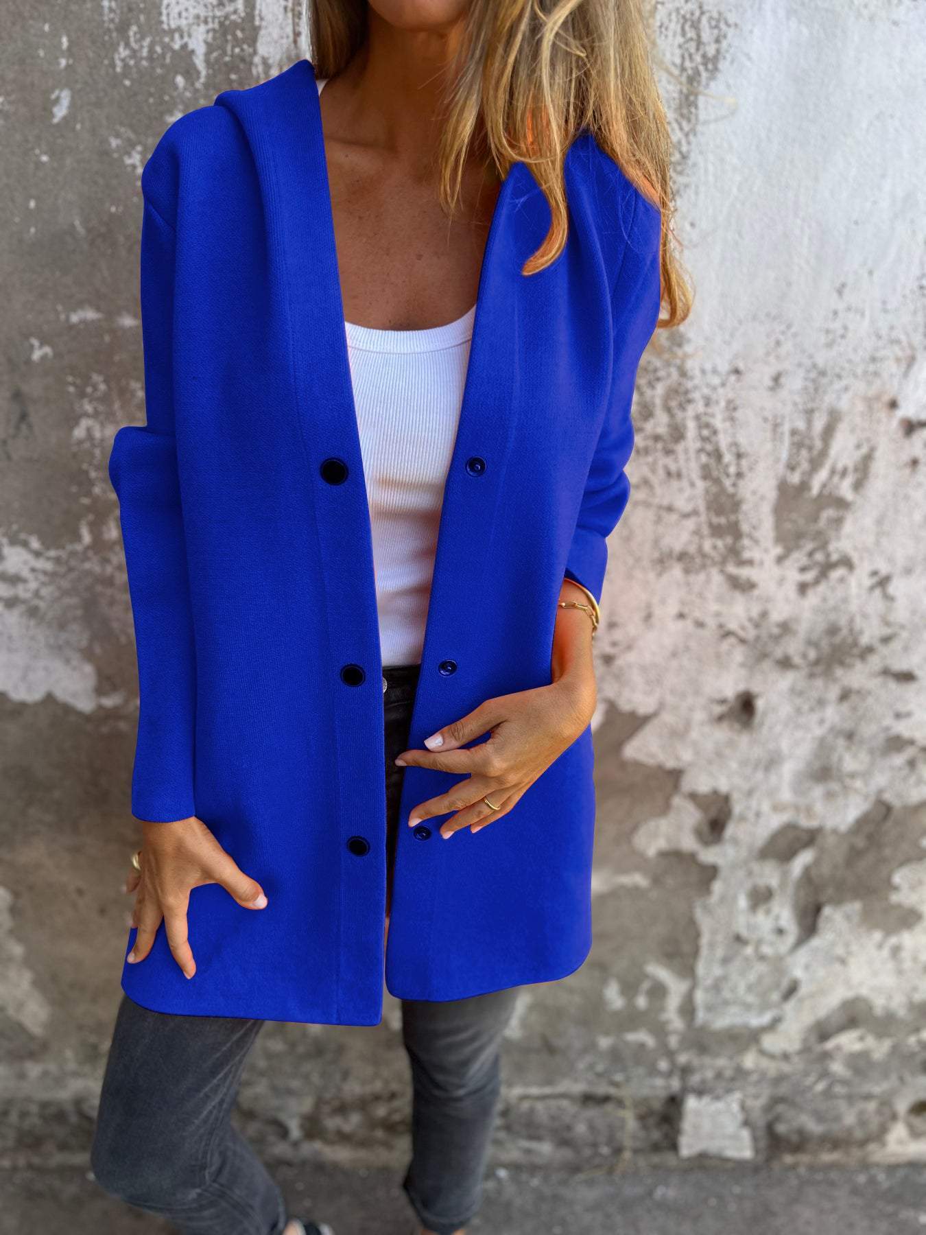 Warm Women's Coat with Hood and Button Front