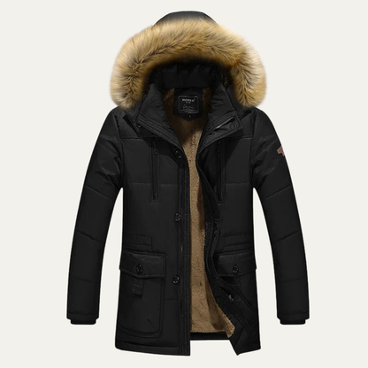 Warm Men's Quilted Parka with Faux Fur Hood