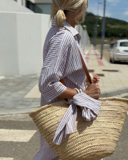 Classic Fit Striped Midi Dress with Collar and Sleeves