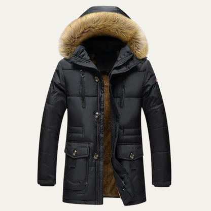 Warm Mens Parka Coat with Faux Fur Hood