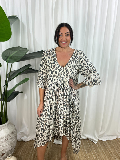 Relaxed Fit V-Neck Animal Print Women's Dress
