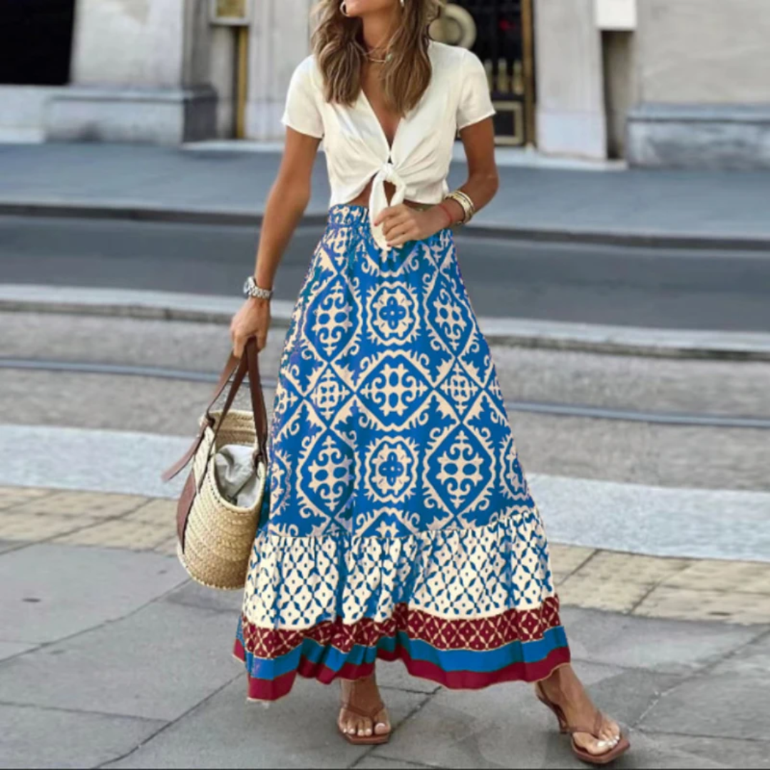 Flowy Long Skirt with Geometric Print and Tiered Hem