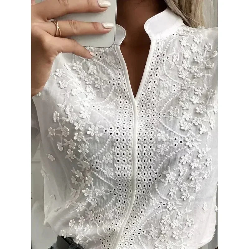 Casual V Neck Embroidered White Top
