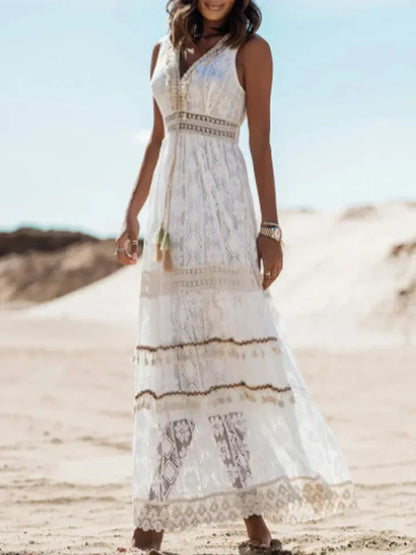 Flowy Long Dress with Lace and Bell Sleeves