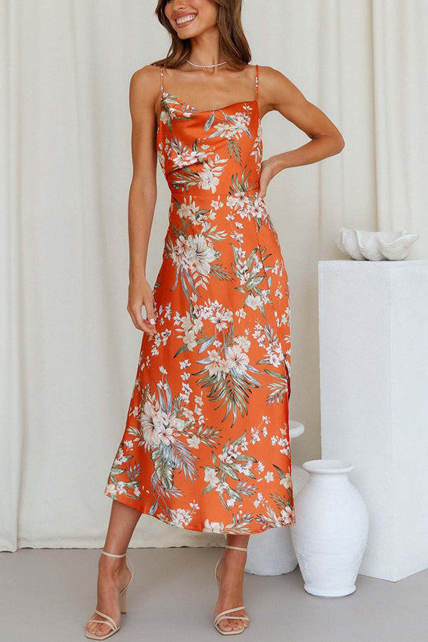 Elegant Floral Midi Dress with Satin Detail