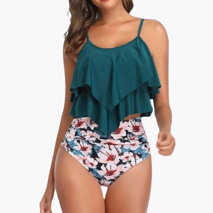 Flattering Two Piece Swimsuit with Ruching and Slimming Waist
