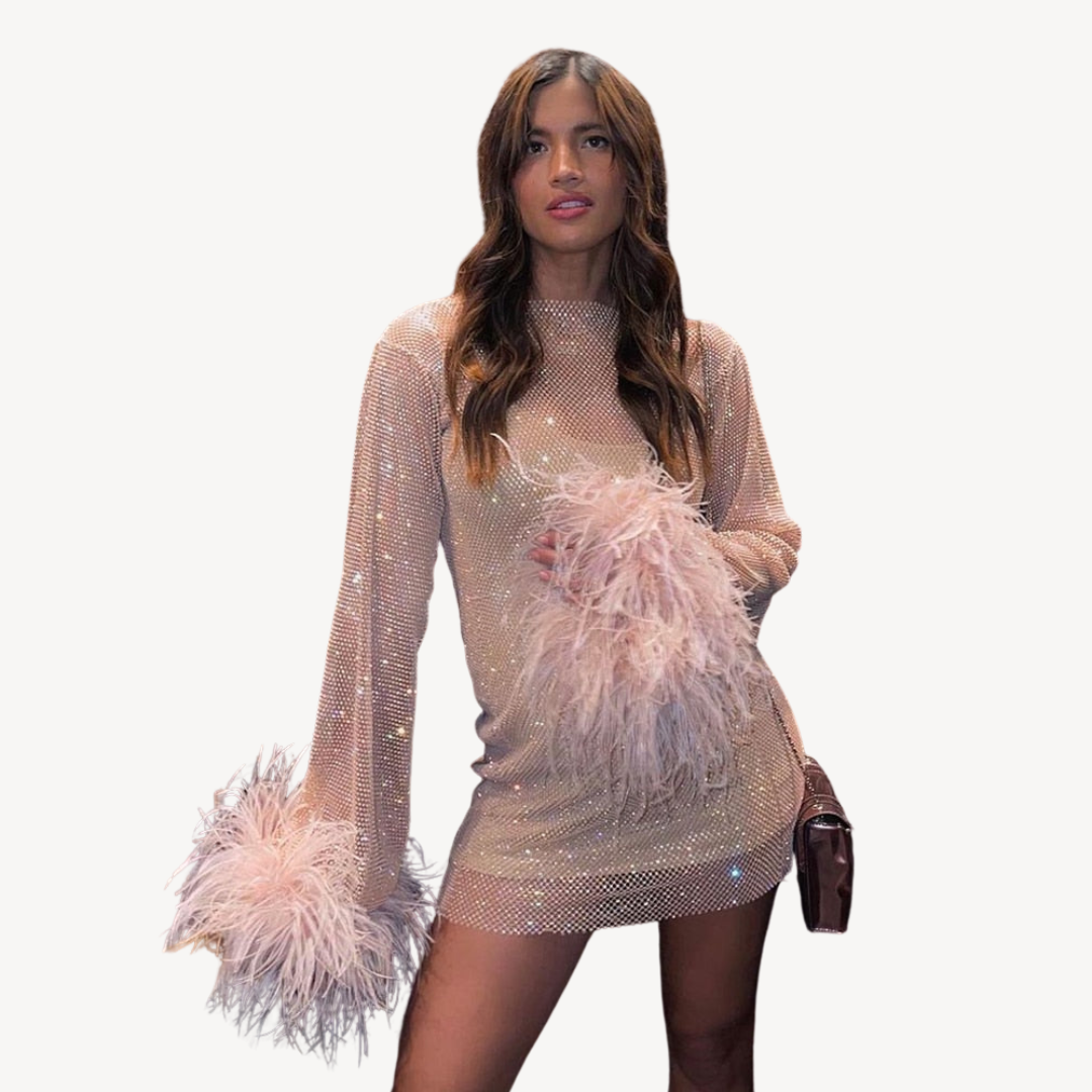Glittering Mesh Evening Gown with Feather Trim