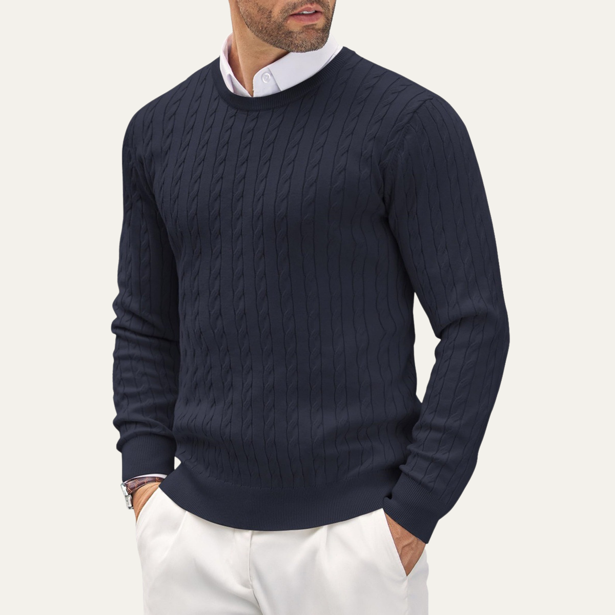 Cozy Mens Crew Neck Cable Knit Winter Sweater