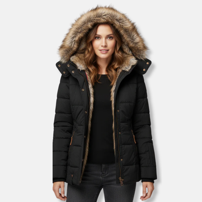 Warm Quilted Down Jacket with Fur Hood
