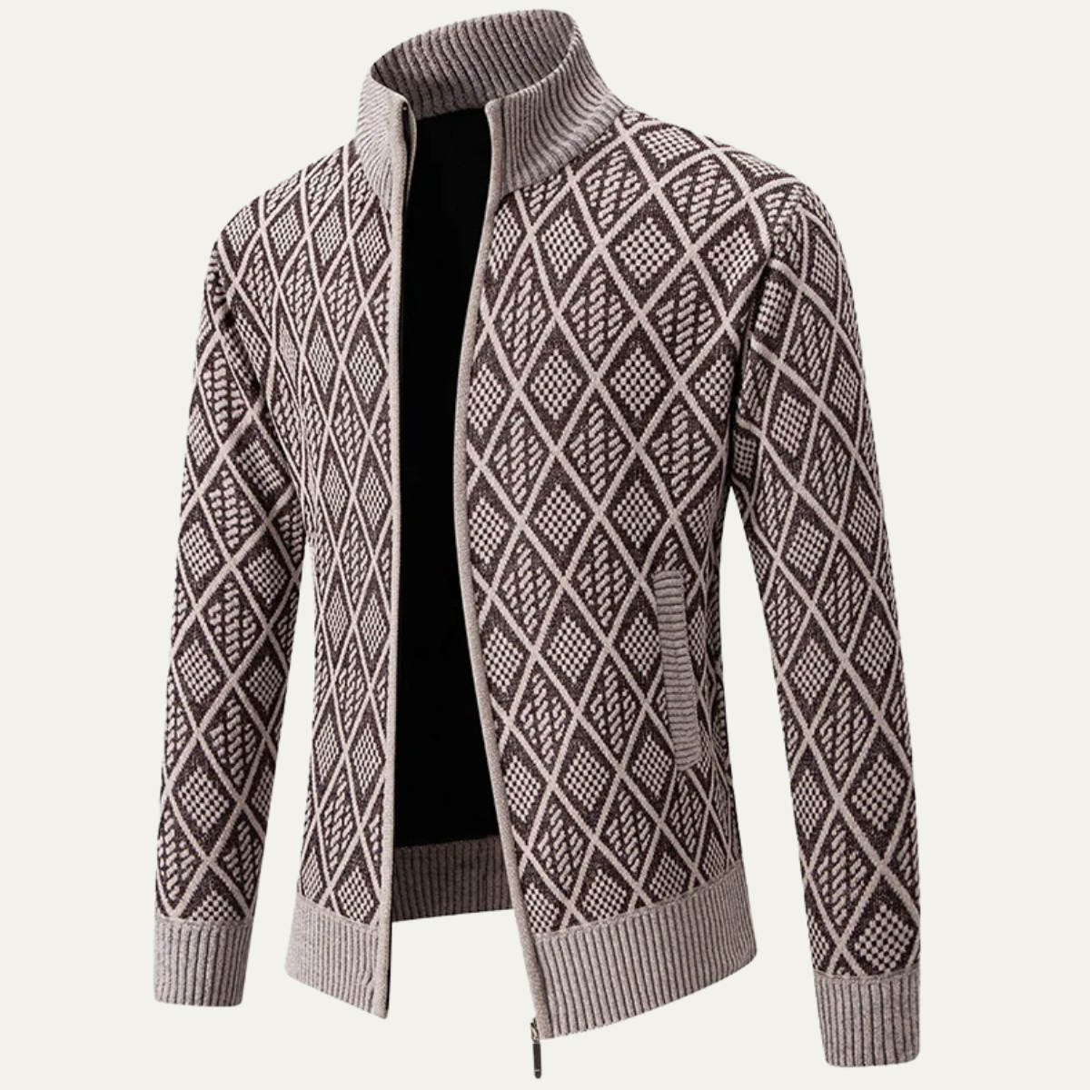 Men's Diamond Quilted Zip Up Knit Jacket with High Collar