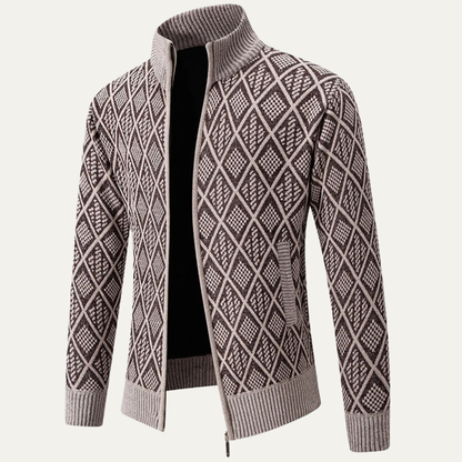 Men's Diamond Quilted Zip Up Knit Jacket with High Collar