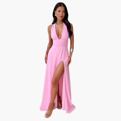Long Sleeve Slit Dress - Chic Women's Formal Gown Halter Neck - Olytrend
