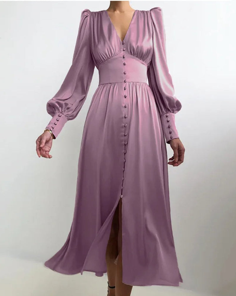 Luxurious Satin V Neck Evening Gown for Women - Olytrend