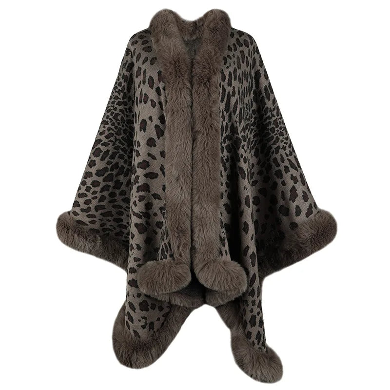 Luxurious Leopard Fur Trimmed Cape Coat