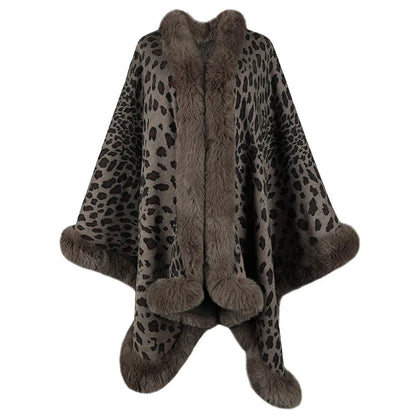 Luxurious Leopard Fur Trimmed Cape Coat
