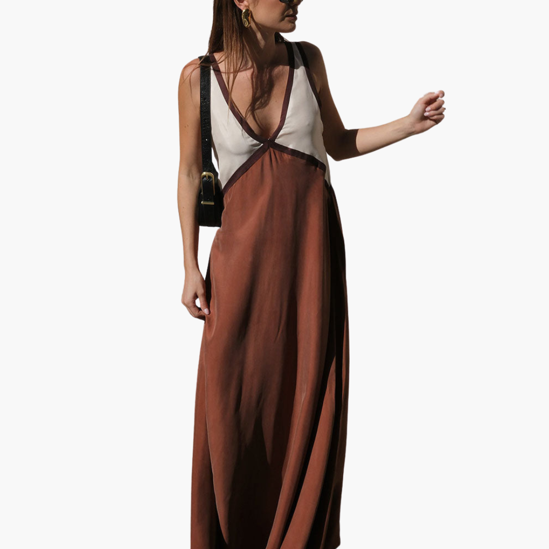 Casual V Neck Long Dress for Women Colorblock Style