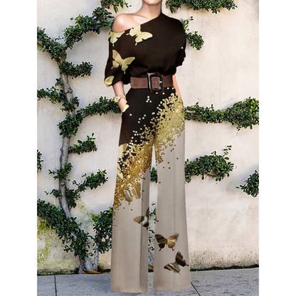 Women's One Shoulder Jumpsuit with Floral Print and Belted Waist