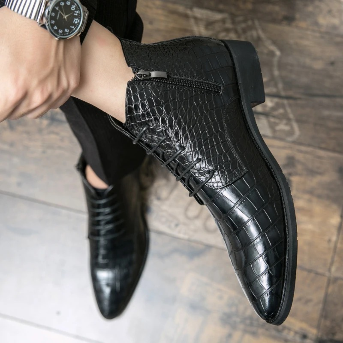 Men's Black Alligator Print Leather Ankle Boots