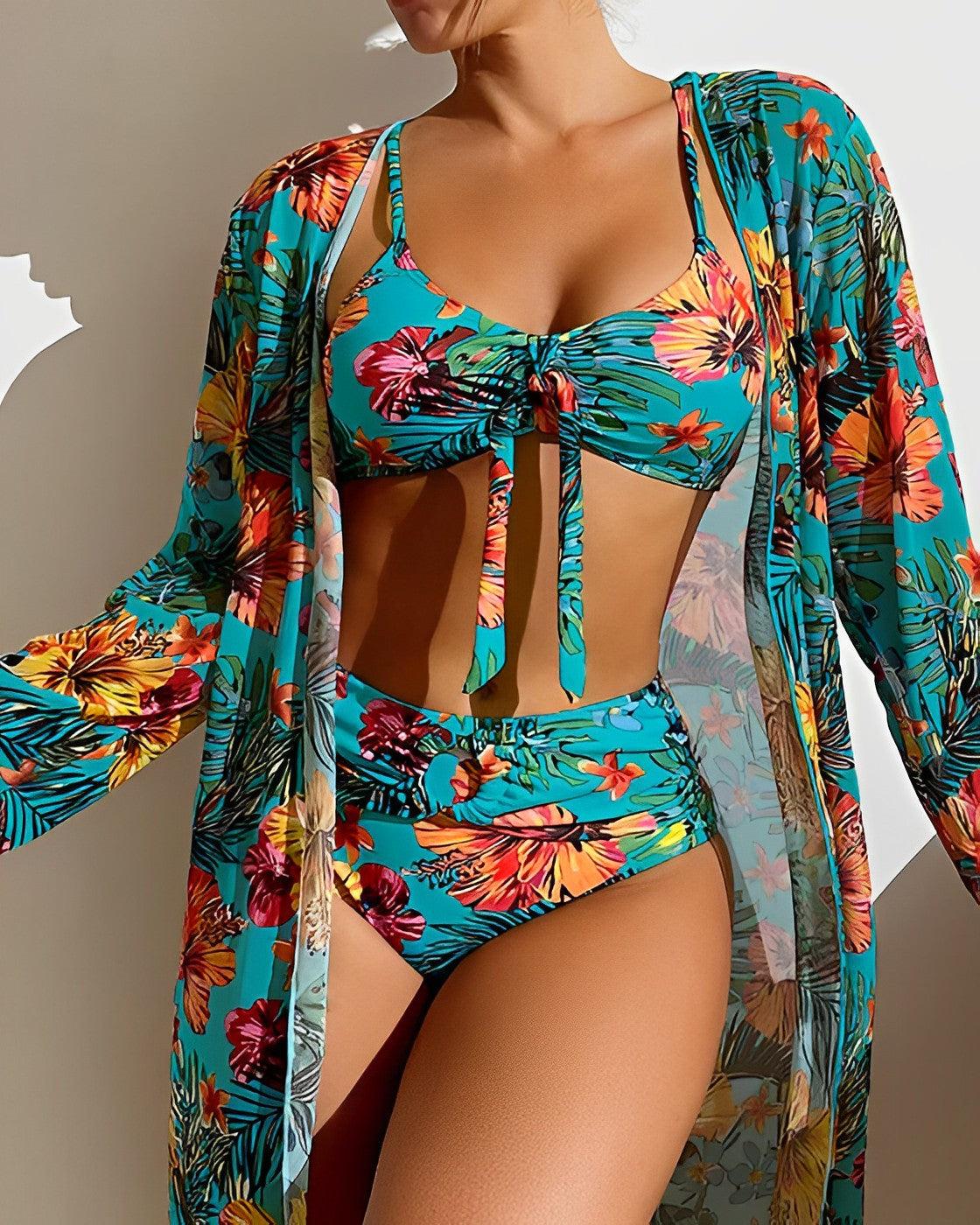 Women's Beachwear Set - High Waisted Swimsuit - Adjustable Bikini Top