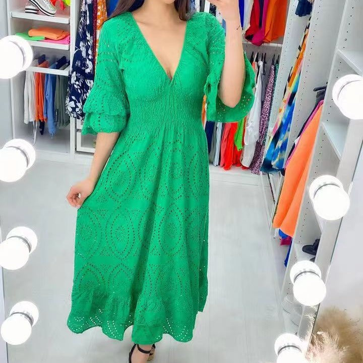Ladies Embroidered V Neck Midi Dress